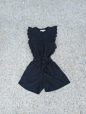 Monteau Black Romper With Tie. Sleeveless With An Eyelet Ruffle Detail Size L